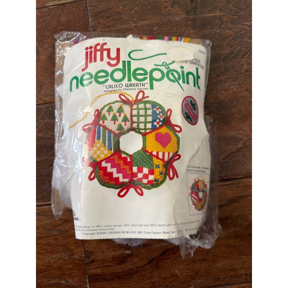 Vintage 1979 Jiffy Needlepoint Calico‎ Wreath Christmas Ornament Kit 5075 Sunset